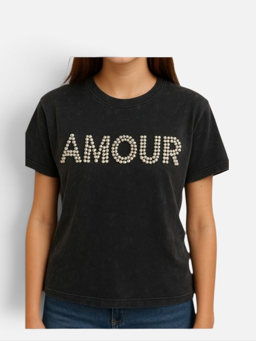Forever 21 Kids Girls Black Tie Dye Amour Rhinestone Pearl T-shirt Size 9/10